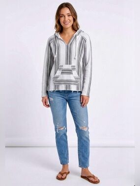 Marissa Rose Black & White Striped Baja Hoodie Pullover - Women's Size M
